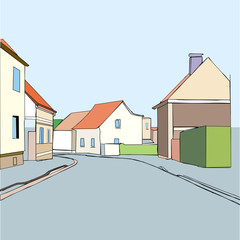 city street in doodle cartoon style. Vector sketch illustration