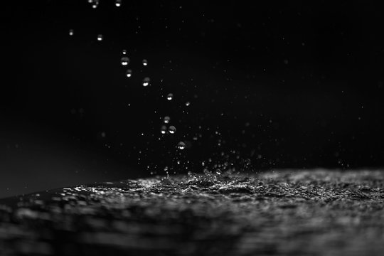 many drops of water close-up in free fall