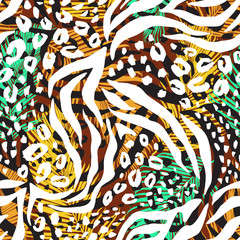 Abstract geometric seamless pattern with animal print. Trendy hand drawn textures. 