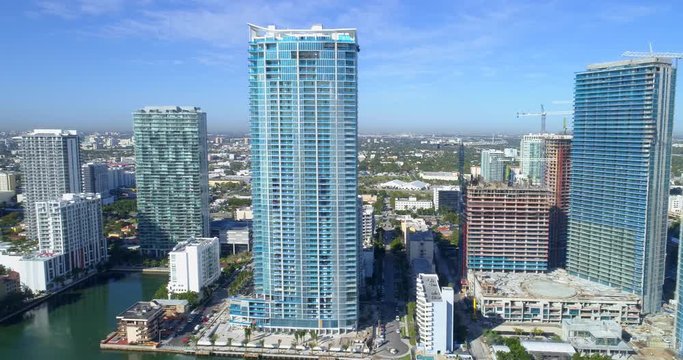 Aerial drone footage of highrise architecture construction sites at Edgewater Miami