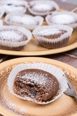 Chocolate cupcake muffin with powdered sugar