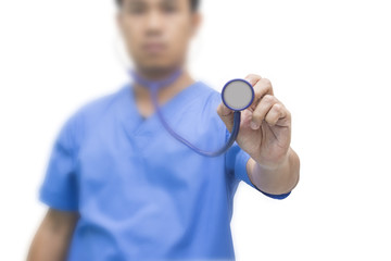 man asia doctor show stethoscope isolated background blur face