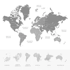 Rolgordijnen Highly detailed world map continents with labelling of country. Grayscale vector illustration. © kodochigov