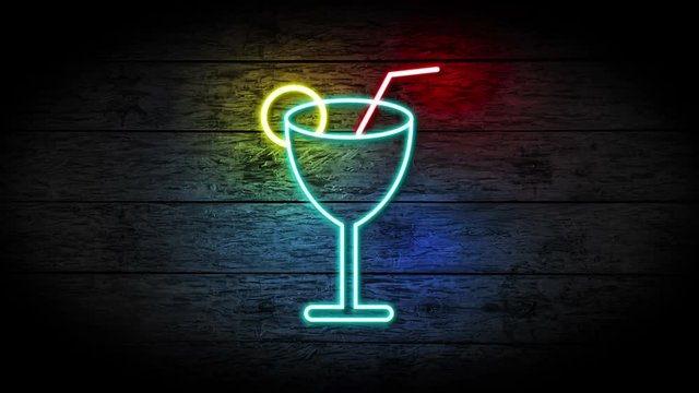 Neon Cocktail sign turning on and blinking on grunge wood with copy space, food and drinks sign loop, fast food and health care concept. A glass of juice neon sign full hd and 4k.