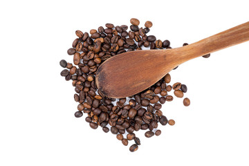 Spread coffee seeds and spoon on a white background