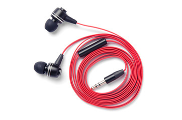 Red earphones on a white background