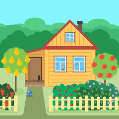 Obraz na płótnie Canvas Country or village house and garden around. Vector.