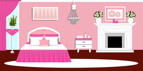 The interior of the bedroom. A room with a bed and fireplace. Vector illustration. Flat style.
