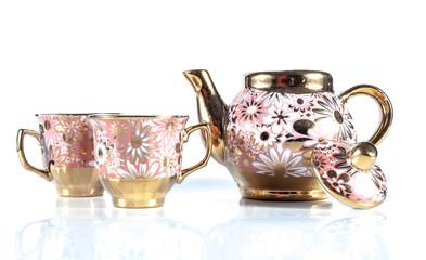 tea sets close up isolated on white background.