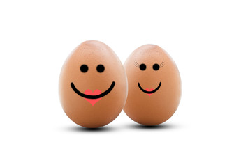 two happy eggs couple with love isolated on white.