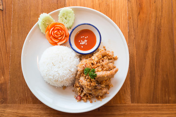 Thai food, Fried garlic mix with pork serve with rice
