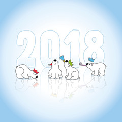 Four Partying Polar Bears in front of Year 2018 in Ice