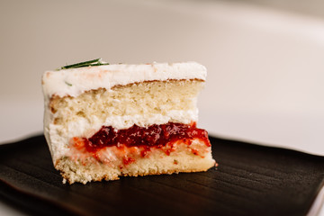 a piece of cake on dark dish