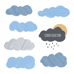 Clouds and rain drops set. Striped blue clouds collection. Cartoon hand drawn vector illustration. Isolated, on white background - 136461122