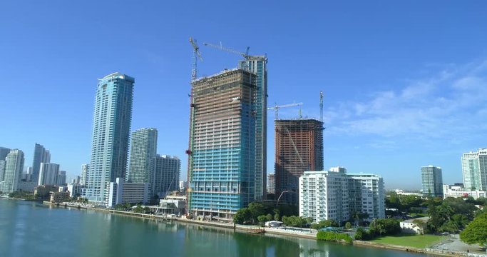 Aerial drone footage of highrise architecture construction sites at Edgewater Miami