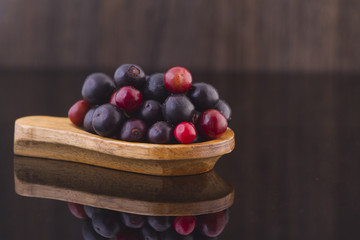 Fruits of wild grapes on different backgrounds (Vaccinium meridionale)