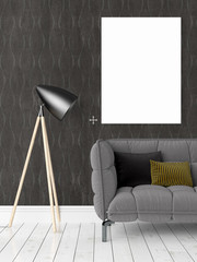 Modern bright interior with empty frame . 3D rendering