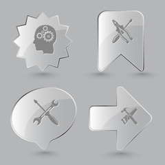 4 images: human brain, screwdriver and combination pliers, screw