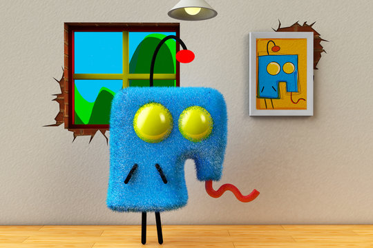 Cartoon style blue anteater character in a room with crack wall and self portrait. 3D rendering.