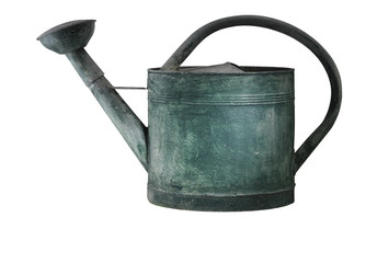 Green tarnished galvanized watering can isolated on white - obrazy, fototapety, plakaty