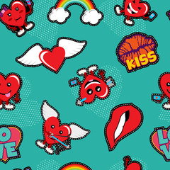 Fototapeta premium Valentines day love patch icon seamless pattern