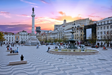 Rossio square in Lisbon Portugal at sunset