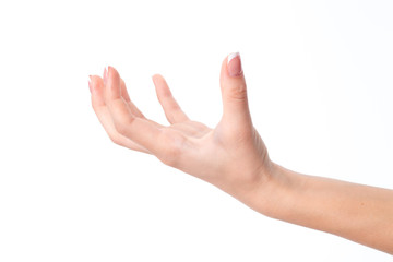 female hand with raised up fingers and palms  deployed isolated on white background