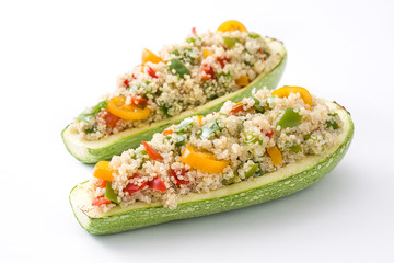 Stuffed zucchini with quinoa and vegetables, isolated on white background
