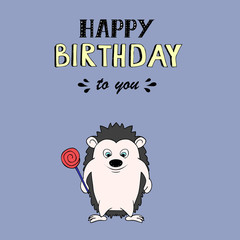 Happy Birthday vector lettering, party illustration with baby hendehoh