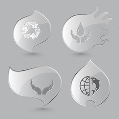 4 images: recycle symbol, protection blood, human hands, globe a