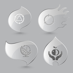 4 images: recycle symbol, globe and recycling symbol, apple in h