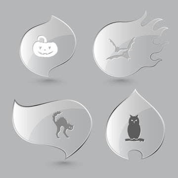 4 images: pumpkin, bats, cat, owl. Mystic signs set. Glass butto