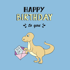 Happy Birthday vector lettering, party illustration with baby dino © ekaterinakiriy