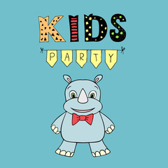 Kids Party vector lettering, party illustration with baby rhino