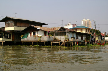 Fototapeta na wymiar Riverside slums on the riverside of Chao Praya River in Bangkok, Thailand