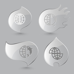 4 images: globe, globe and magnifying glass, globe and shamoo, s