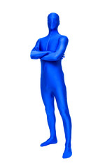 Mysterious blue man in morphsuit holding crossed arms