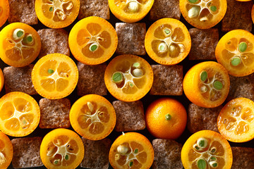 slices of kumquat with pieces of brown sugar, top view