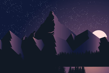 Starry night sky. Sunset, dawn sun over the mountains in forest. Vector illustration nature a mountain landscape at lake - 136468903