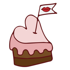 Heart pink cake with little flag with red lips