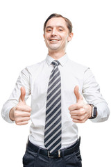 Friendly male office worker wearing white shirt and striped tie showing thumbs up