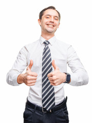Cheerful confident man wearing white shirt and striped tie showing thumbs up