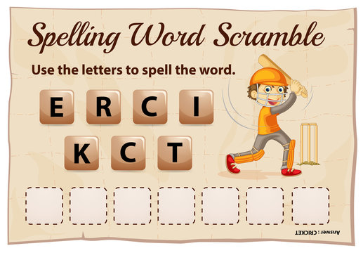 Spelling word scramble game template with cricket
