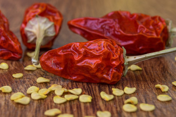 Dried, small red chili pepper on the background of wood, close-up