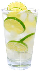 Caipirinha cocktail with ice cubes in a highball glass isolated