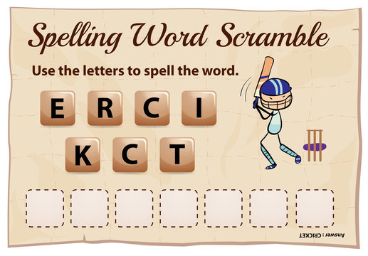 Spelling word scramble game template with cricket sport