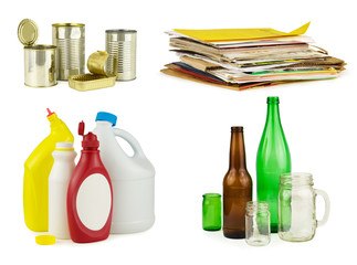 Four groups of household recyclable items: metal, paper, plastics, and glass. Pure white background.