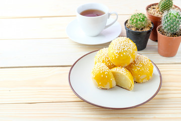 Chinese cake on wooden background
