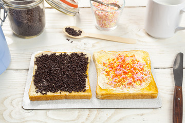 outdoor spring breakfast sweet bread spread on wooden table