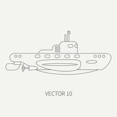 Line flat vector retro icon naval submarine. Dreadnought warship. Cartoon vintage style. War. Navy. Ocean. Sea. Torpedo. Armor. Squadron. Captain. Simple. Illustration and element for your design.